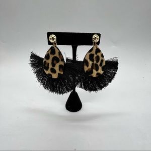 Tiley & Bells Cheetah Print Teardrop Black Fringe Earrings